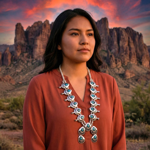 Turquoise Nugget Bear Paw Navajo Squash Blossom Necklace 48763