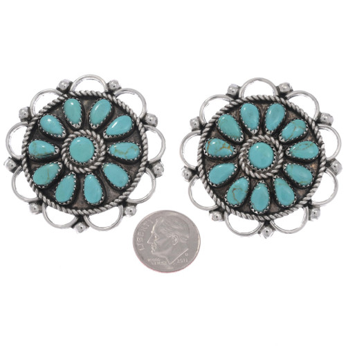 Large Traditional Southwest Sterling Silver Cluster Turquoise Earrings 45877