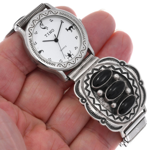 Navajo　ナバホ族 Randall Joe Tom　ランドールジョートム Onyx Sterling Mens Watch Tips Silver Navajo by Randall Joe Tom 48779