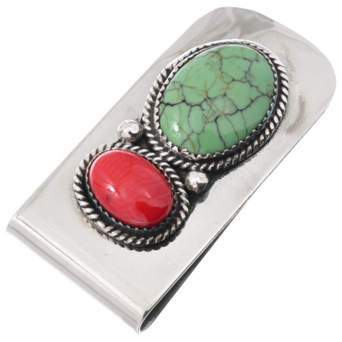 Handmade Sterling Silver Money Clip with Turquoise and Coral  7401