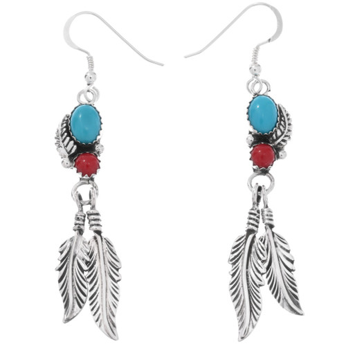 Sterling Silver Navajo Feather Coral Turquoise Earrings 48853