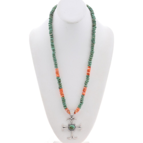 Turquoise Spiny Oyster Beaded Necklace Cross Pendant Combo 48968
