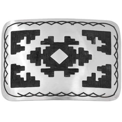 Silver Overlaid Belt Buckle Navajo Rug Design by Garrison Boyd 0723