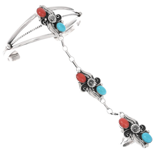 Turquoise Coral Sterling Silver Princess Bracelet Ring Combo 49100