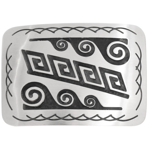 Silver Traditional Hopi Overlay Belt Buckle by Calvin Peterson 0170