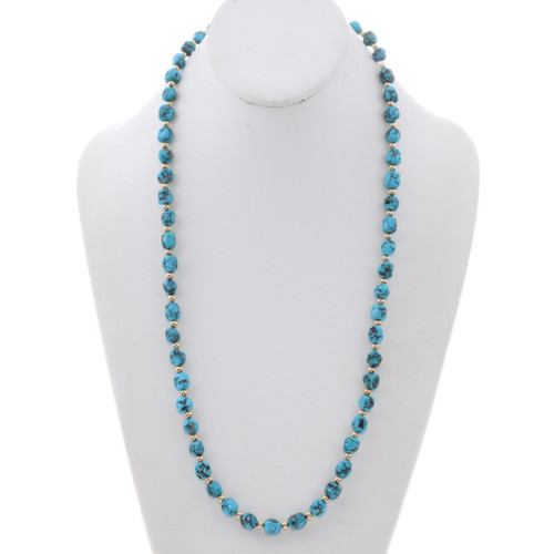 Sleeping Beauty Turquoise Nugget Gold Beaded Necklace 27" 0392