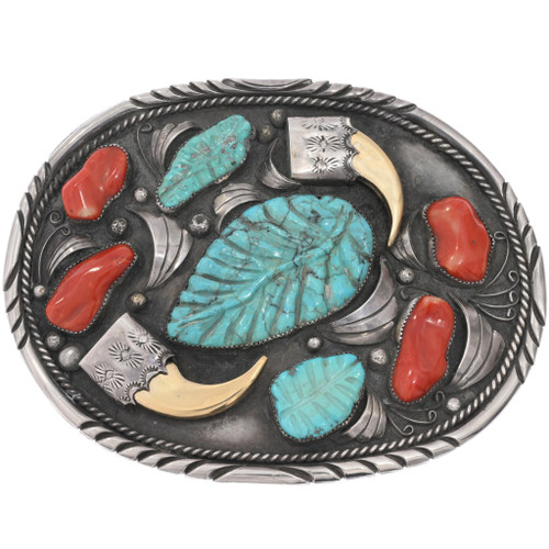 Gold Claw Carved Turquoise Old Pawn Belt Buckle 49288