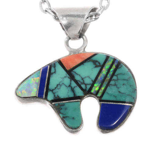Vintage Multi Stone Inlaid Bear Reversible Pendant Sterling Silver 0474