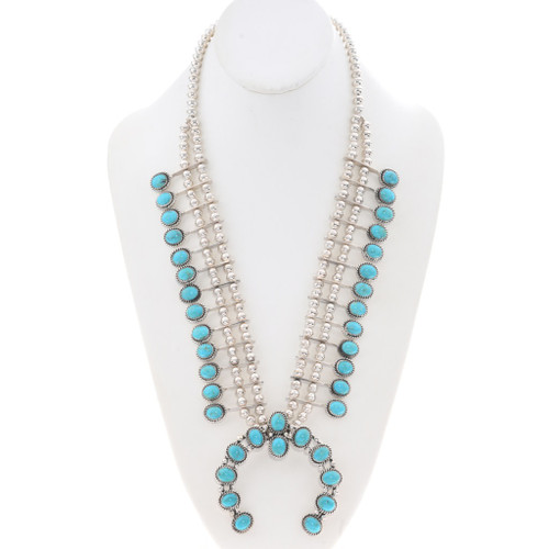 Real Turquoise Navajo Sterling Silver Squash Blossom Necklace 49379