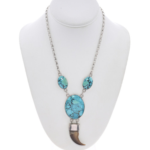 Vintage Spiderweb Turquoise Bear Claw Pendant Necklace 49397