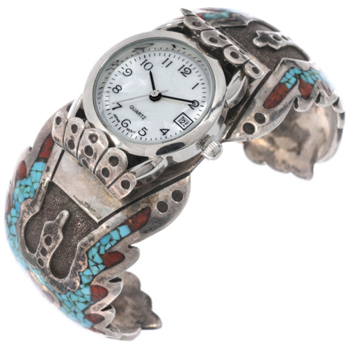 Old Pawn Turquoise Coral Chip Inlay Thunderbird Watch Cuff 49412