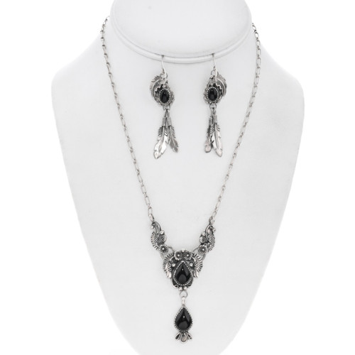Vintage Navajo Onyx Necklace Earring Set 49416