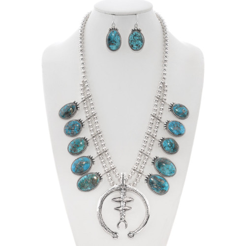 Persian Turquoise Squash Blossom Necklace Sterling Silver Set 0032