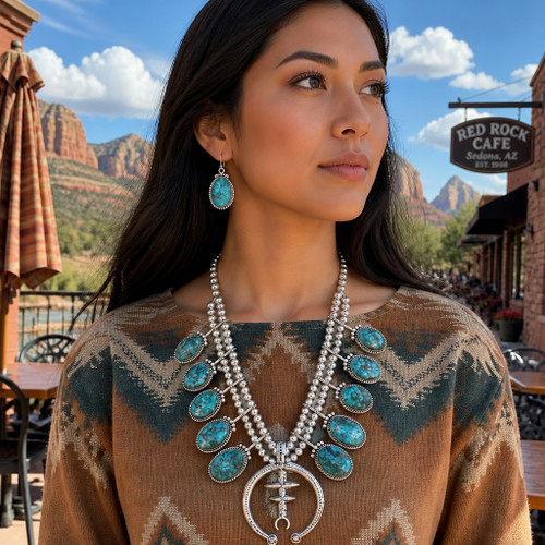 Persian Turquoise Squash Blossom Necklace Sterling Silver Set 0032