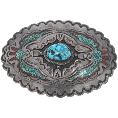 Vintage Navajo Sterling Silver Coral Turquoise Belt Buckle 49481