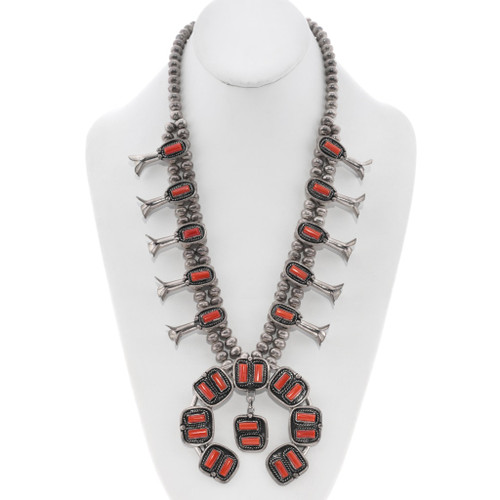 Old Pawn Sterling Silver Mediterranean Coral Squash Blossom Necklace 49483