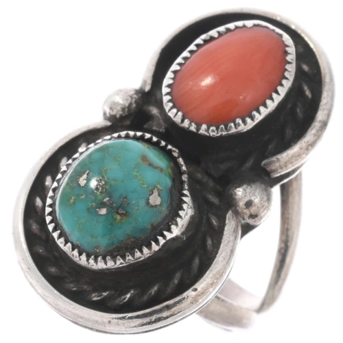 Old Pawn Coral Turquoise Ring 49576