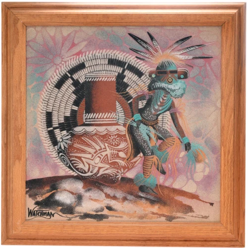 Vintage Navajo Traditional Hopi Kachina Sandpainting with Frame 16" x 16" 0084