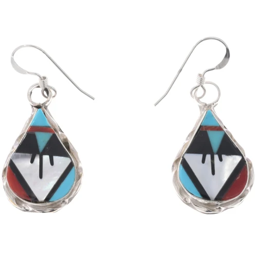 Zuni Multi Stone Inlay Dangle Earring Sterling Silver 0104