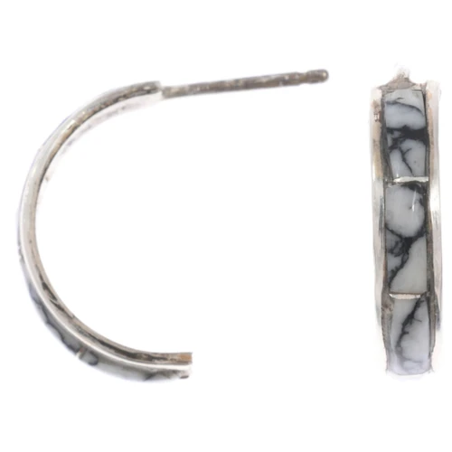 White Buffalo Inlay Navajo Half Hoop Earrings 49652
