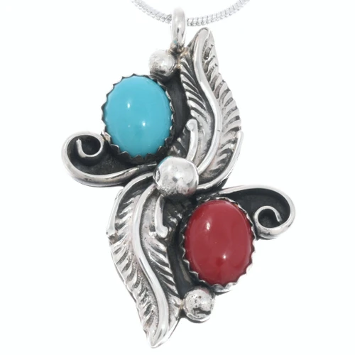 Navajo Turquoise Coral Sterling Silver Pendant 50261