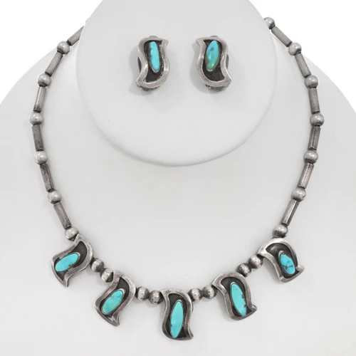 Vintage Native American Turquoise Pendant Necklace Earrings Combo 49695