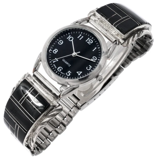 Vintage Black Onyx Inlay Sterling Silver Watch 49734