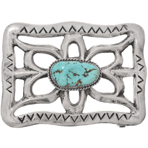 Old Pawn Navajo Sandcast Sterling Silver Turquoise Belt Buckle 49736