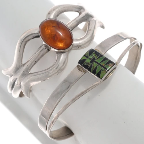 Sterling Silver Sandcast Amber Bracelet Set 7018