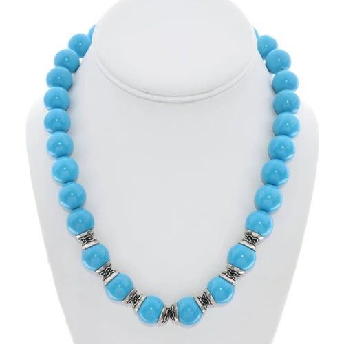 Beaded Blue Turquoise Silver Spacer Navajo Necklace 18" Inch Length 50332