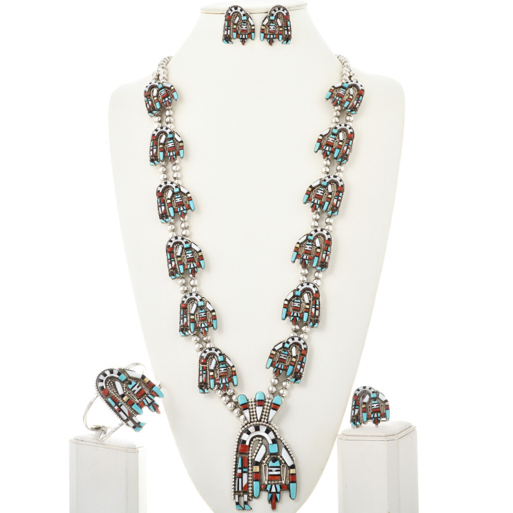 Old Pawn Zuni Rainbow Man Squash Blossom Necklace Set by HE Cellicion