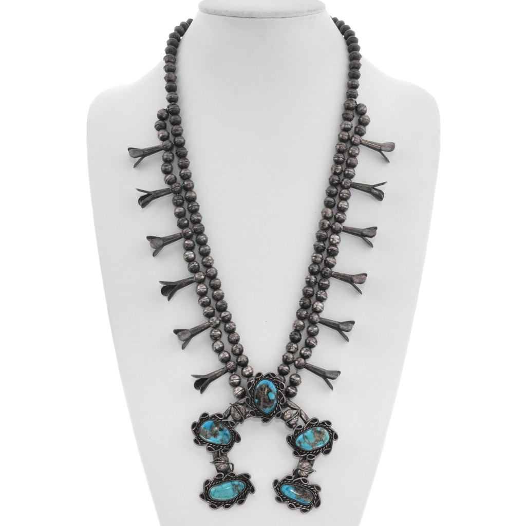 Old Pawn Jewelry - Navajo Turquoise Squash Blossom Necklace