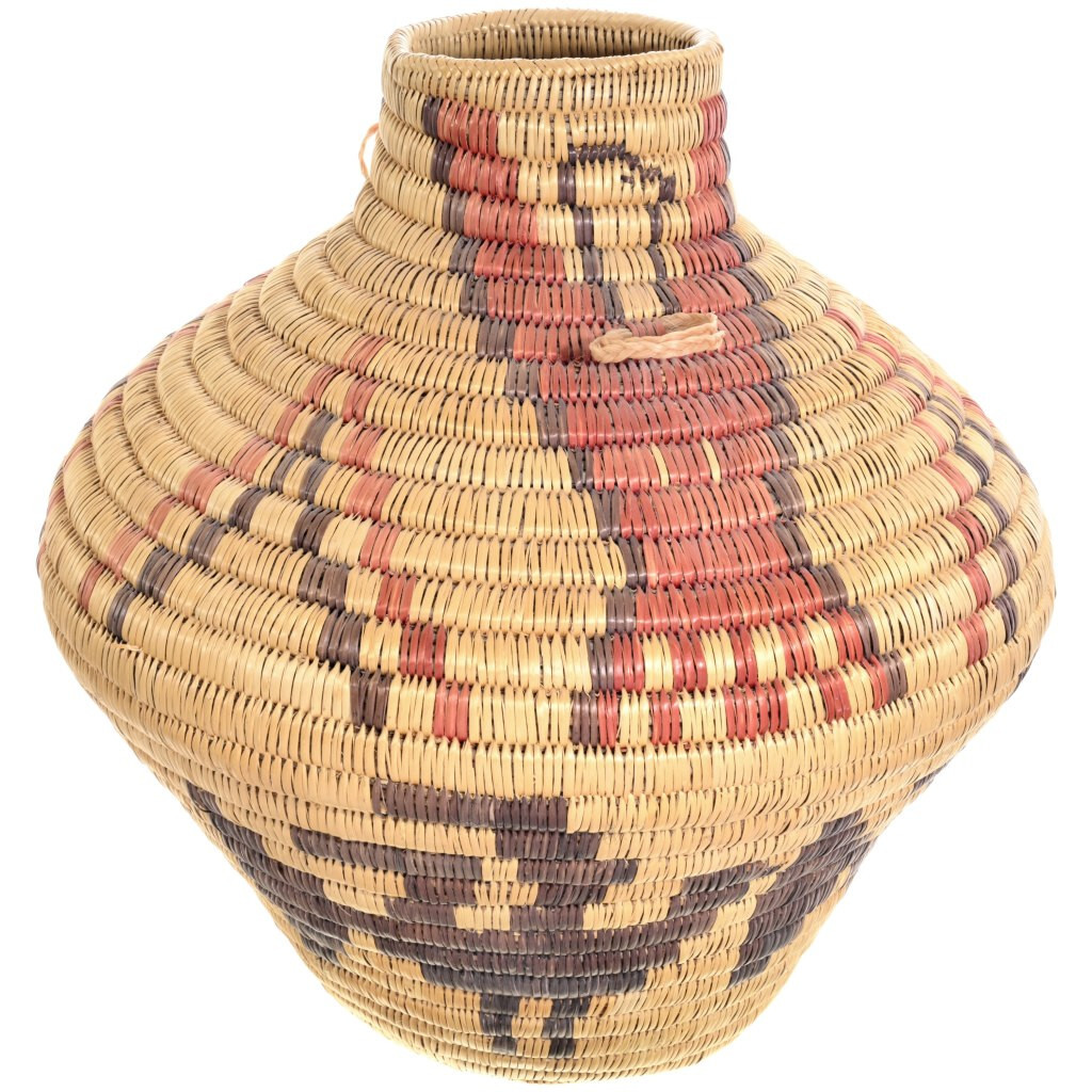 Vintage Jicarilla Apache Basket Twined Three Color Large Thunderbird Olla with Handles