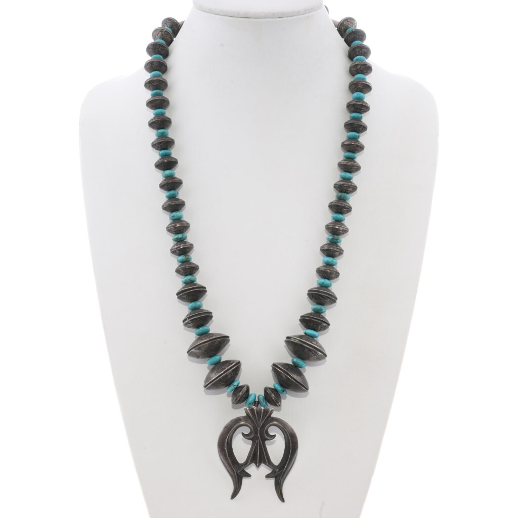 Old Pawn Turquoise Coin Naja Necklace Sterling Silver