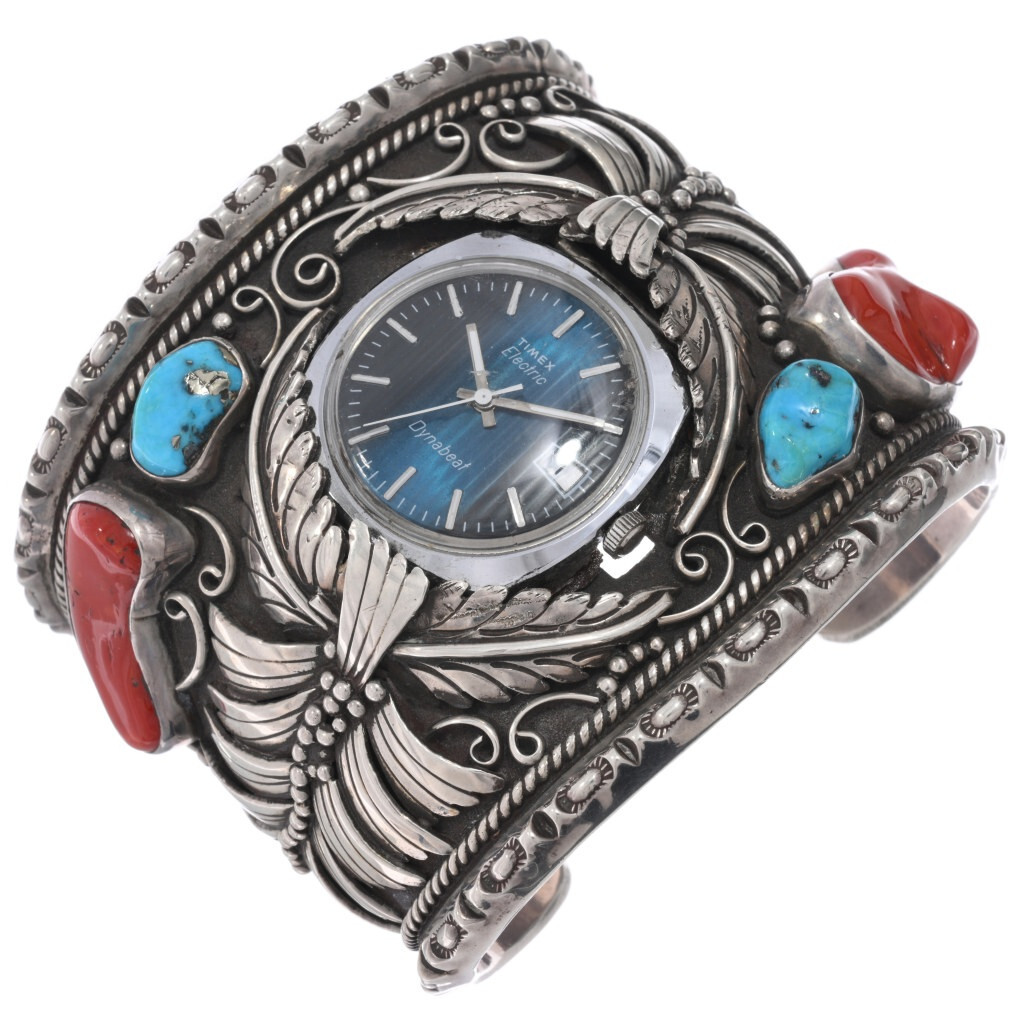 Old Pawn Turquoise Coral Bracelet Navajo Watch Cuff 3