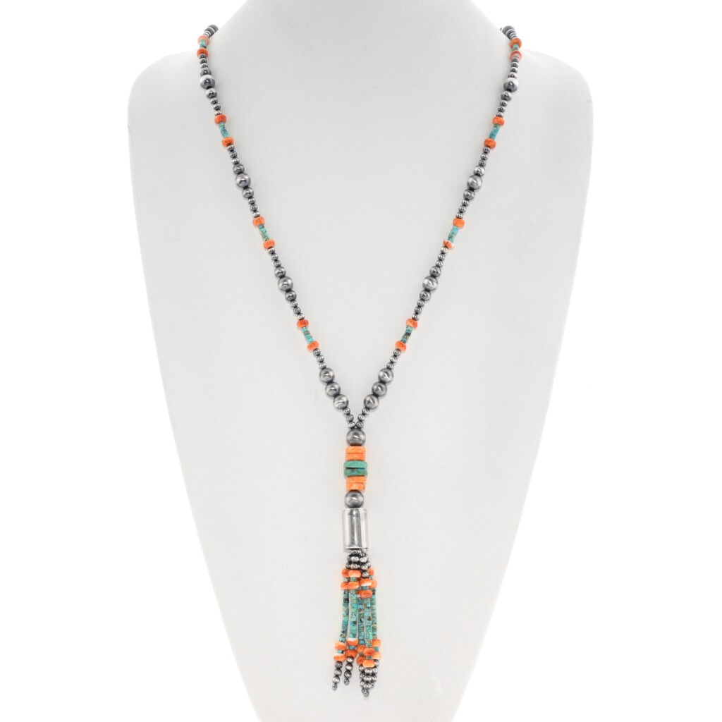 Silver Navajo Desert Pearls Spiny Oyster Turquoise Chandelier Y Necklace
