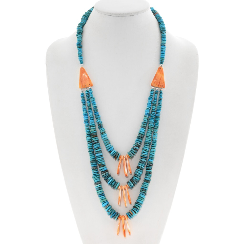 Navajo Hand Beaded Spiny Oyster Turquoise Three Strand Necklace
