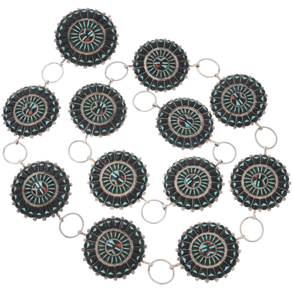 Old Pawn Zuni Inlaid Sunface Turquoise Link Concho Belt by Tzuni