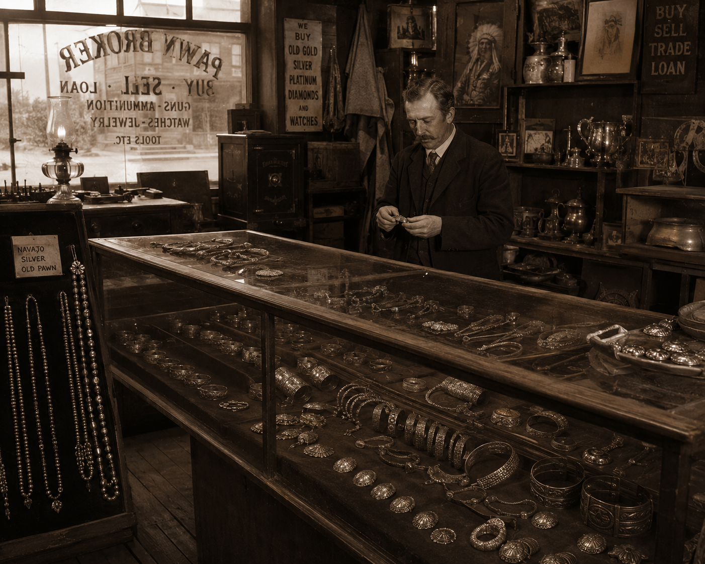 Early 1900s pawn shop displaying old pawn jewelry