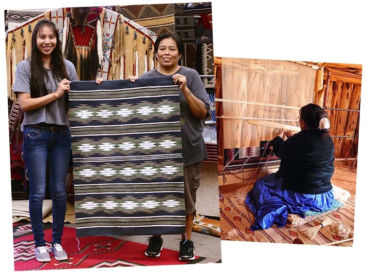 Navajo woman weaving rug on wooden loom