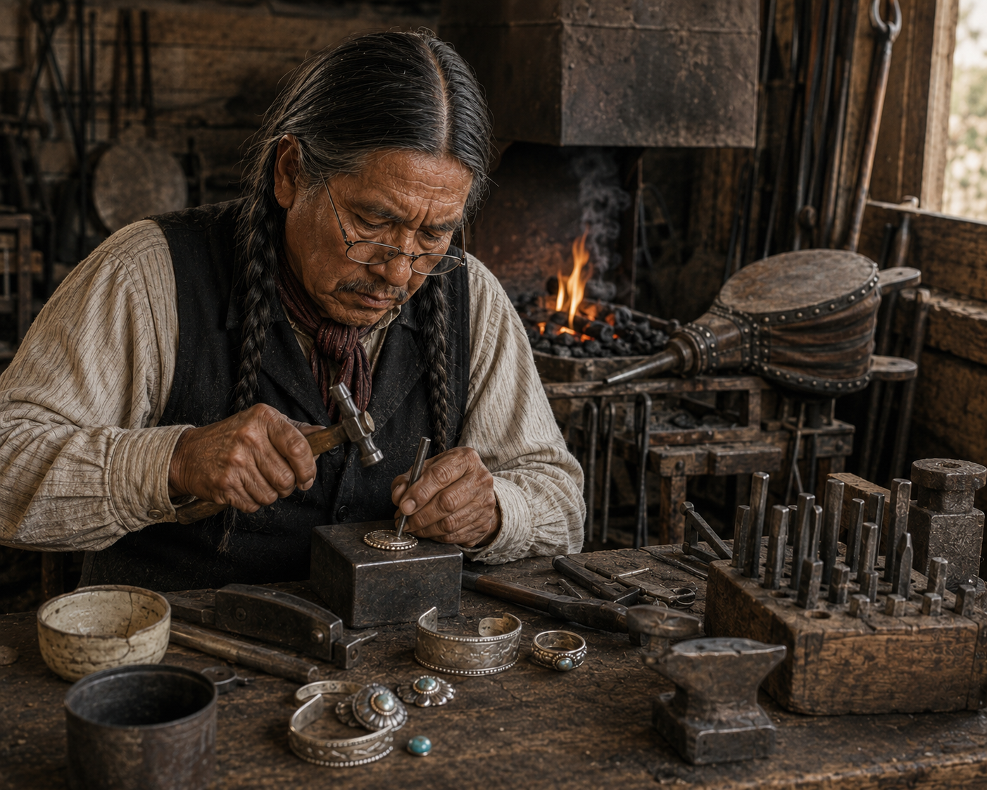 Navajo Silversmith creating jewelry in an early 1900s setting