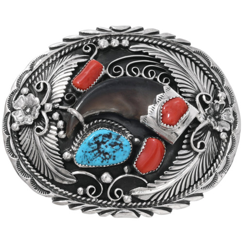 Sterling Silver Navajo Turquoise Coral Bear Claw Belt Buckle