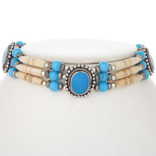 Turquoise Blue Bone Choker Native Style Three Strand Necklace 0024 by Alltribes