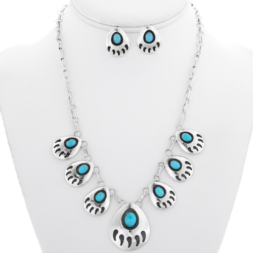 Bear Paw Navajo Turquoise Sterling Link Necklace Set 25369