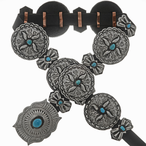 Boho Southwestern-styles silver concho belt turquoise fringe inlay OS fits all Navajo Genuine Turquoise Silver Concho Belt Santa Fe Style 30429 main image 4