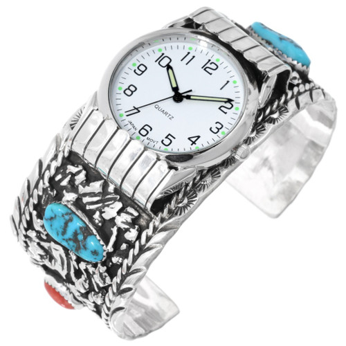Native American Turquoise Coral Mens Watch Cuff Sterling 24479