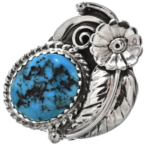 Ladies Kingman Turquoise Sterling Navajo Ring Flower Leaf Design 24398