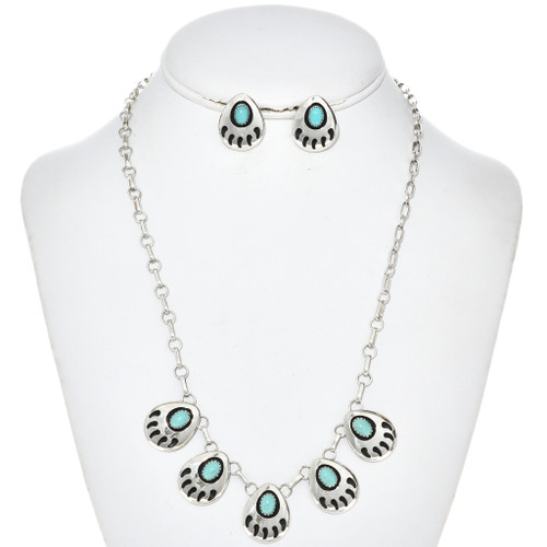 Navajo Turquoise Silver Bear Paw Necklace Set 26768