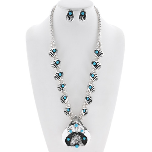 Navajo Turquoise Silver Bear Paw Squash Blossom Necklace Set Sterling 28595