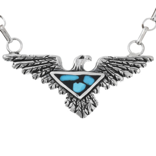 Really Cute Navajo Inlaid Turquoise Silver Eagle Pendant Link Necklace ...